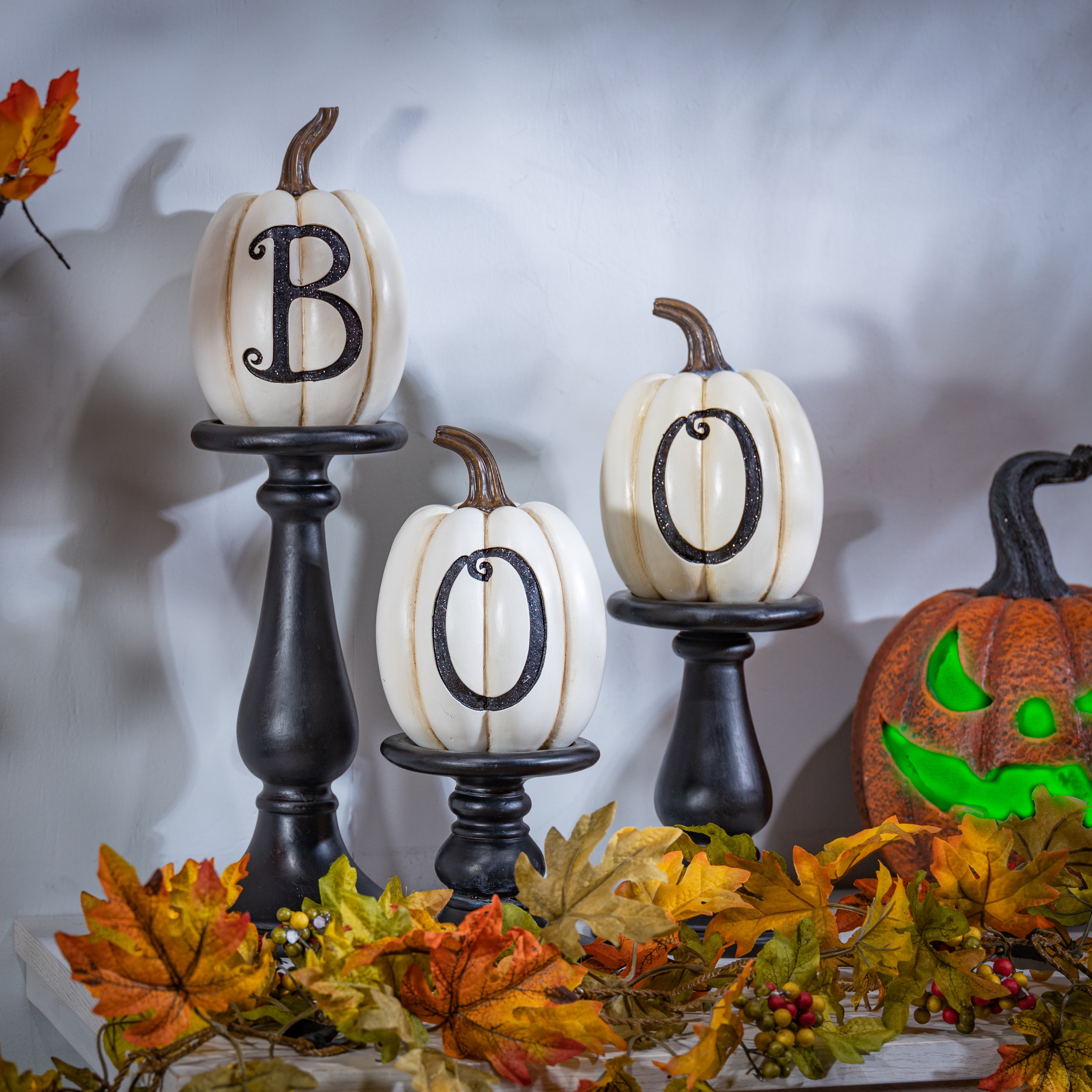 Set of 3 Pumpkin Candlesticks, Spooky Halloween Decor